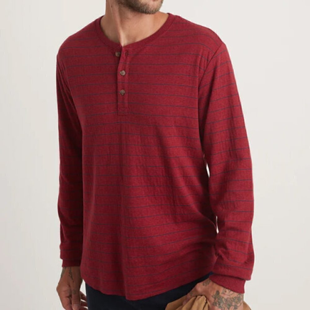 Marine Layer double knit henley stripe shirt wine navy blue rhubarb men new XXL